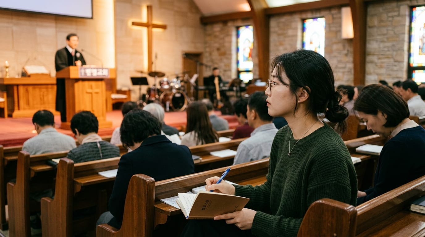 교회에서 설교를 듣고 있는 신도들, 강단에서 말씀을 전하는 목사, 그리고 메모를 하고 있는 여성의 모습이 담긴 이미지.