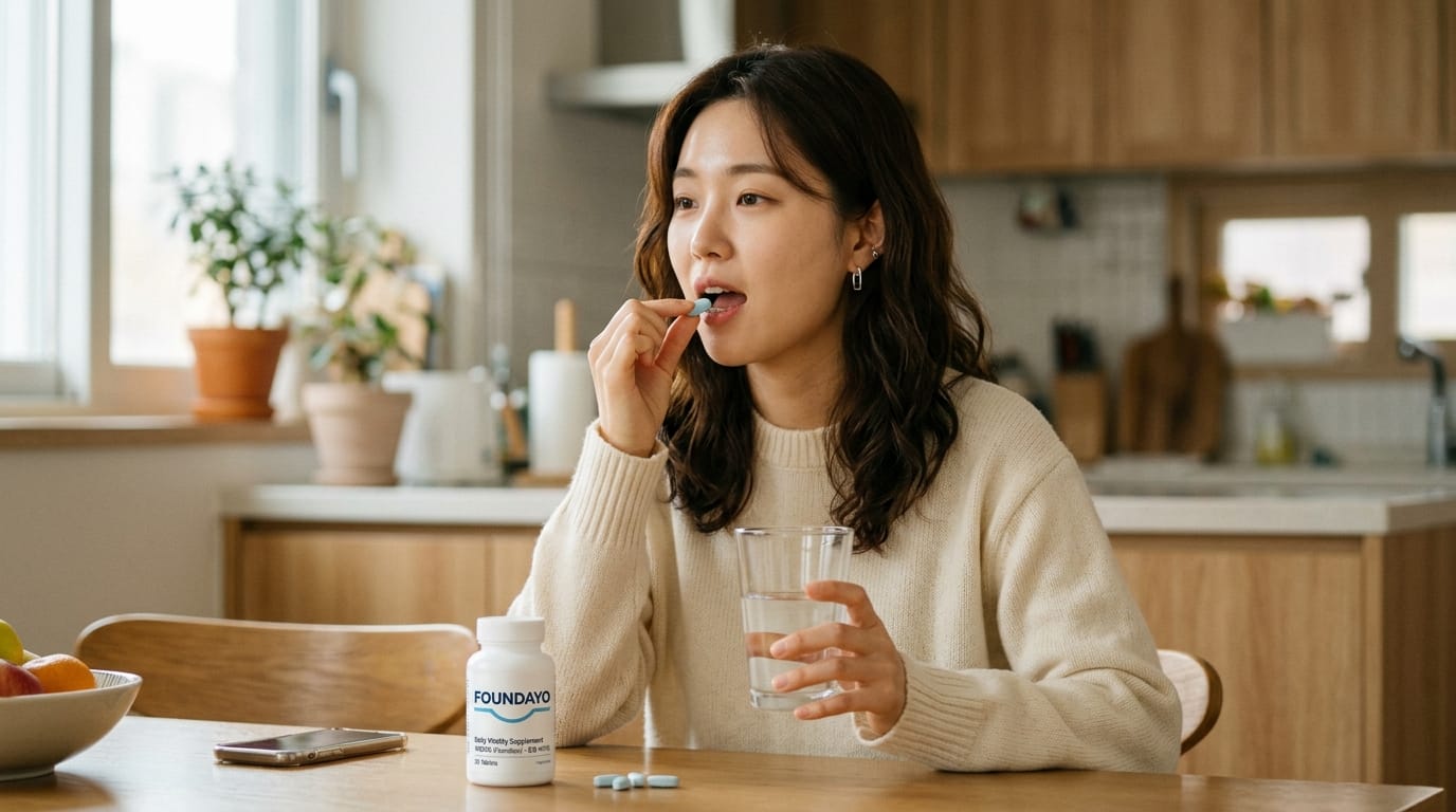 여성이 건강 보조제를 복용하기 위해 파란색 알약을 입에 넣고 물을 마시는 모습. 테이블 위에는 과일과 스마트폰이 놓여 있으며, 배경에는 주방이 보인다.