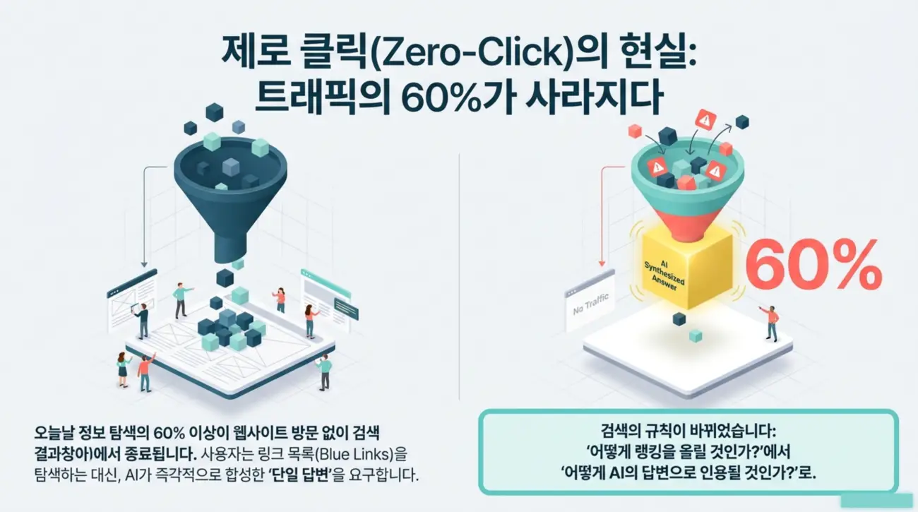 제로 클릭 현상에 대한 인포그래픽으로, 트래픽의 60%가 웹사이트 방문 없이 검색 결과에서 종료됨을 설명합니다. AI 합성 답변의 중요성과 검색 규칙의 변화를 강조합니다.