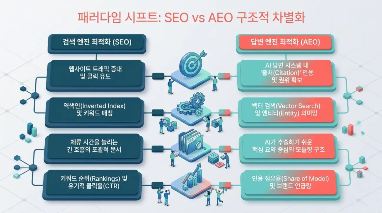 패러다임 시프트: SEO와 AEO 구조적 차별화에 대한 인포그래픽. 검색 엔진 최적화(SEO)와 답변 엔진 최적화(AEO)의 주요 구성 요소와 차이점을 시각적으로 설명. 웹사이트 트래픽 증대, 역색인, 키워드 매칭, AI 시스템 활용, 벡터 검색 등 다양한 요소를 포함.