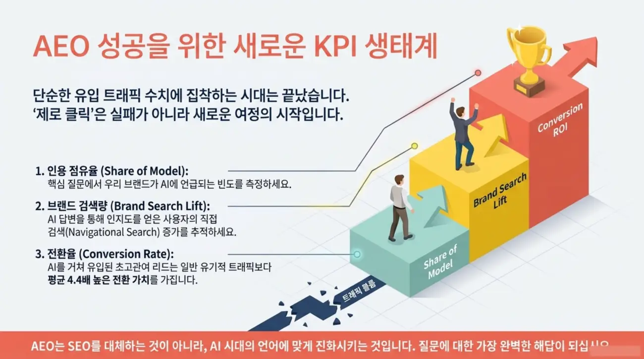 AEO 성공을 위한 새로운 KPI 생태계에 대한 설명이 포함된 이미지. 인용구 없이 KPI 항목으로는 인용 점유율, 브랜드 검색량, 전환율이 있으며 AI 시대에 맞춘 전략을 제시하고 있습니다.