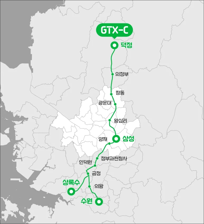GTX-C 노선 지도, 덕정역에서 수원역까지 주요 역과 경로 표시.