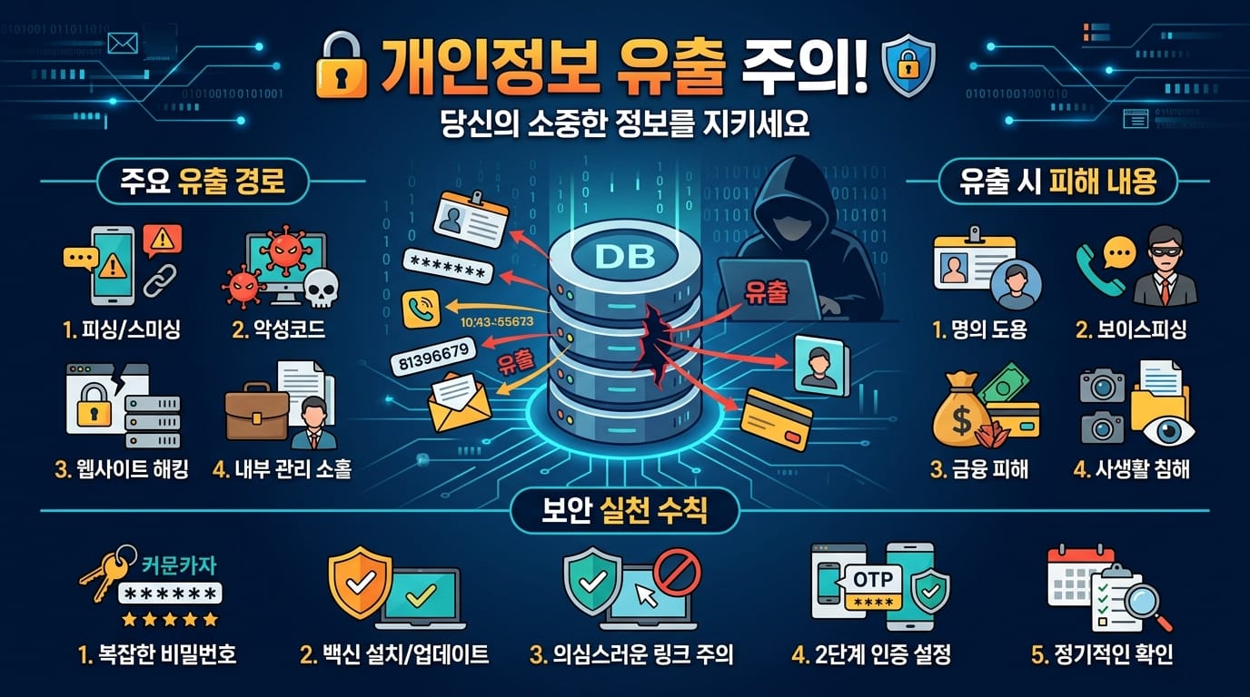 개인정보 유출 경고 이미지로, 유출 경로와 피해 내용을 설명하며 보안 실천 수칙을 안내합니다. 피싱, 악성코드, 웹사이트 해킹 등 주요 유출 경로와 함께, 명의 도용 및 금융 피해를 예방하기 위한 방법을 제시합니다.