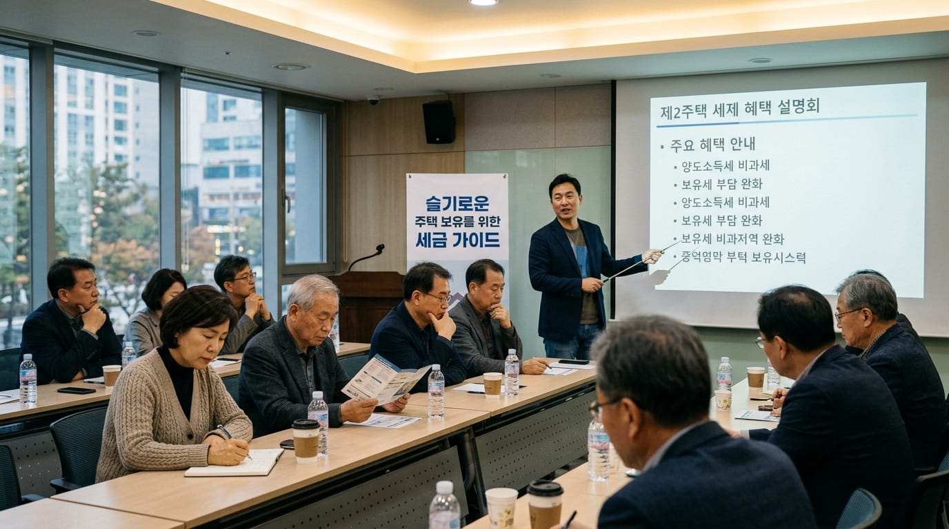 세미나에서 강사가 제2주택 세제 혜택에 대해 설명하고 있는 모습. 참석자들은 강의에 집중하며 자료를 참고하고 있다. 배경에는 세금 가이드 관련 배너가 보인다.