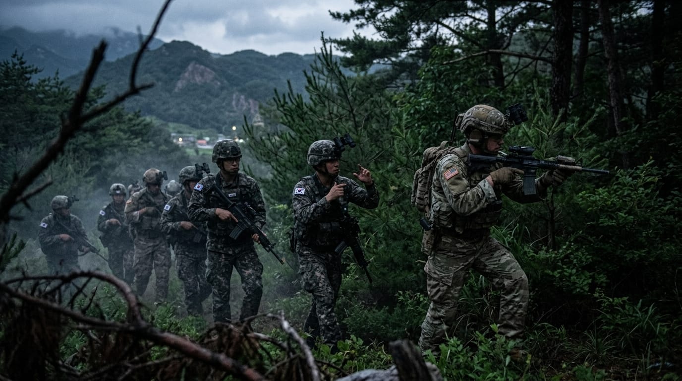 한국의 군인들이 산악 지역에서 작전을 수행하는 모습. 여러 명의 군인이 서로 협력하며 이동하고 있으며, 배경에는 울창한 숲과 산이 보인다.