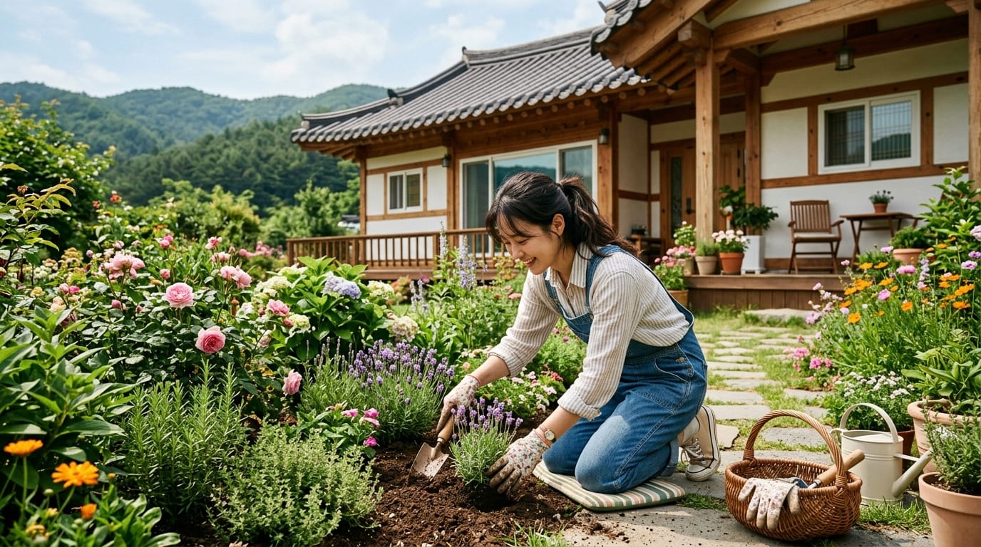 정원에서 꽃을 심고 있는 여성의 모습. 전통 한옥 배경과 다양한 꽃들이 있는 화단에서 즐겁게 정원 가꾸기를 하고 있다.