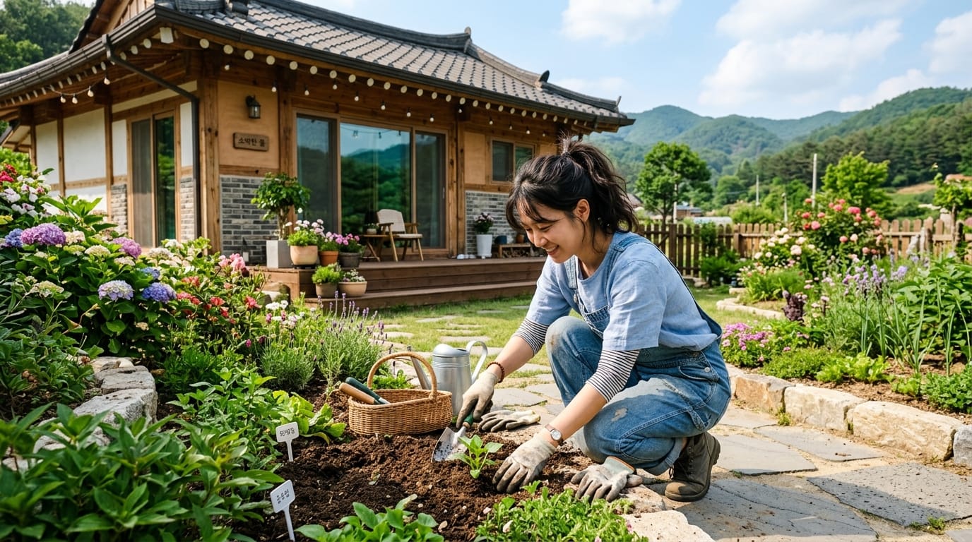 정원에서 꽃과 채소를 가꾸고 있는 젊은 여성의 모습. 전통 한옥 배경과 다양한 꽃들이 있는 아름다운 정원에서 식물을 심고 있다.