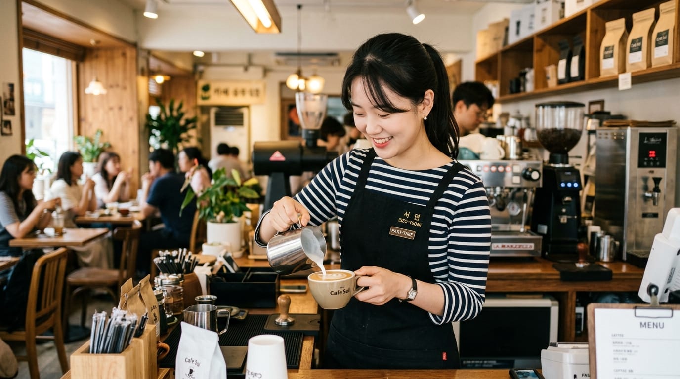 카페에서 바리스타가 커피에 우유를 붓고 있는 모습. 아늑한 분위기의 카페 내부와 손님들이 있는 배경.