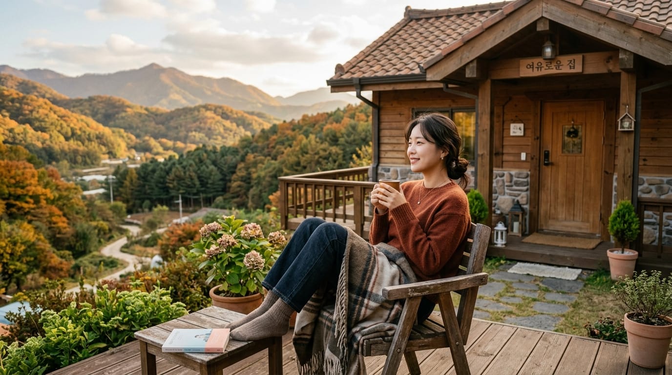 자연 경관을 배경으로 편안한 의자에 앉아 따뜻한 음료를 즐기는 여성. 가을의 아름다운 풍경과 아늑한 나무 집이 어우러진 모습.
