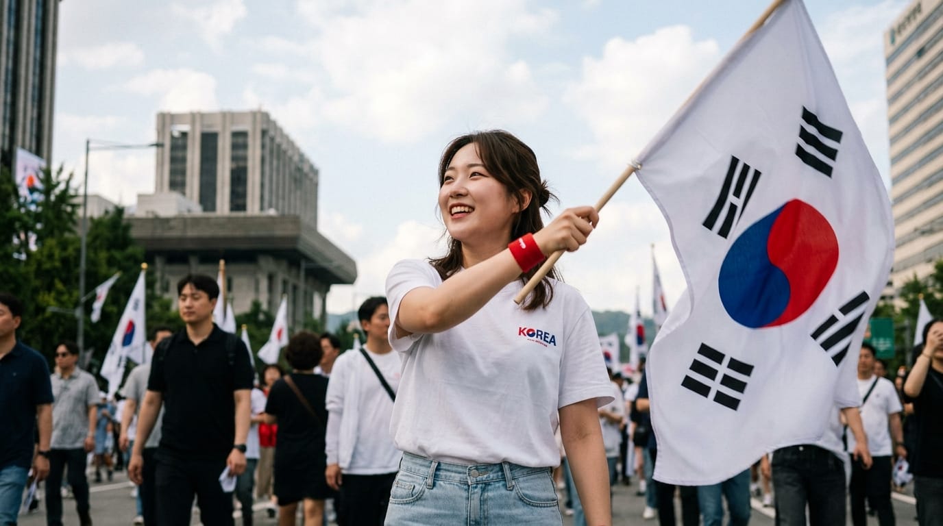 한국 국기를 들고 웃고 있는 여성과 함께 평화로운 시위를 하는 사람들. 서울 도심에서 열린 한국의 문화 행사.