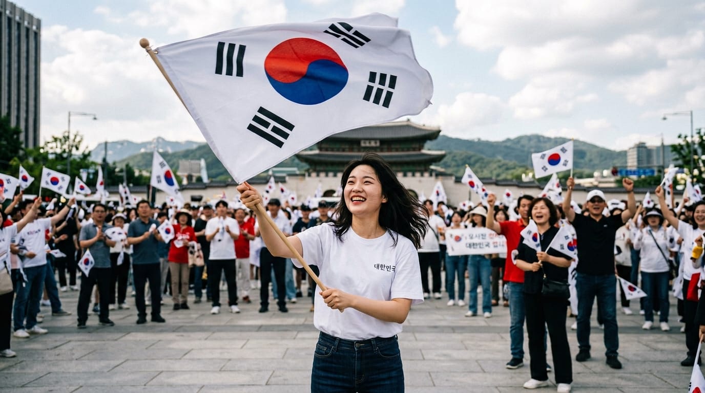 한국 국기를 흔드는 여성과 함께 모인 다수의 사람들이 서울의 광화문에서 자긍심을 표출하는 모습, 태극기를 들고 있는 사람들로 가득한 시위 현장.