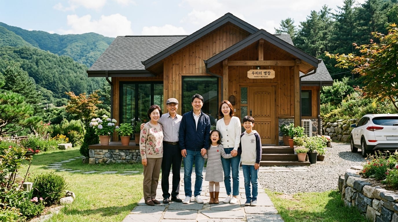 가족이 아름다운 산속의 나무집 앞에서 포즈를 취하고 있는 모습, 푸른 산과 정원이 배경으로 보임.