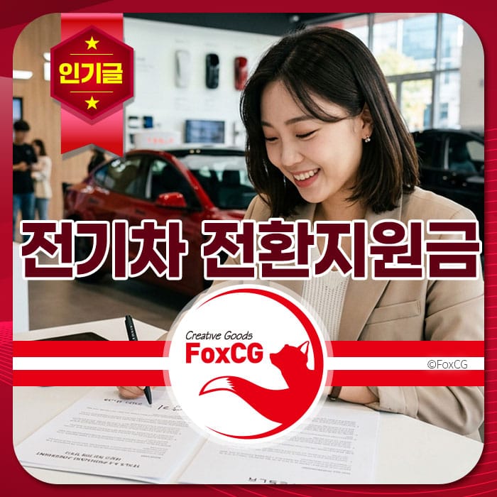 전기차 전환 지원금 관련 정보를 확인하며 미소 짓고 있는 여성, 배경에는 자동차 전시 공간이 보임.