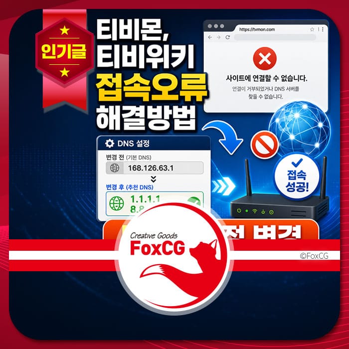 티비몬과 티비위키 접속 오류 해결 방법을 설명하는 이미지, DNS 설정 및 추천 DNS 주소 1.1.1.1과 8.8.8.8이 포함되어 있으며, 성공적인 접속을 나타내는 그래픽 요소가 포함되어 있음.