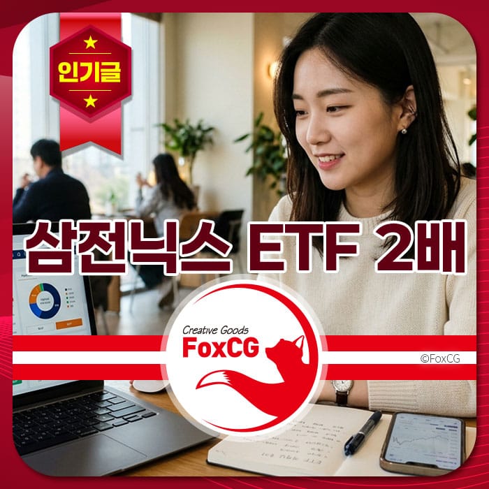 사무실에서 삼성닉스 ETF 2배에 대해 작업 중인 젊은 여성의 모습. 노트북과 필기구가 있는 책상 앞에서 집중하며 데이터를 분석하는 장면.