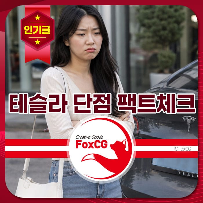 테슬라 단점 팩트체크를 주제로 한 이미지, 불만스러운 표정을 짓고 있는 여성과 테슬라 차량이 배경에 있음.