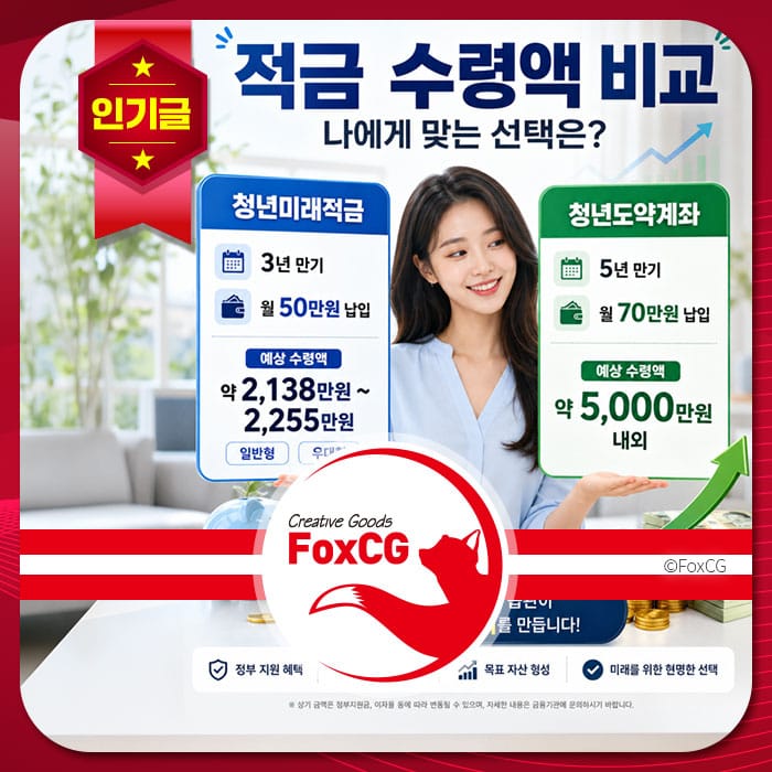 청년 적금 상품 비교 이미지, 청년미래적금과 청년도약계좌의 조건 및 예상 수령액 정보 제공.