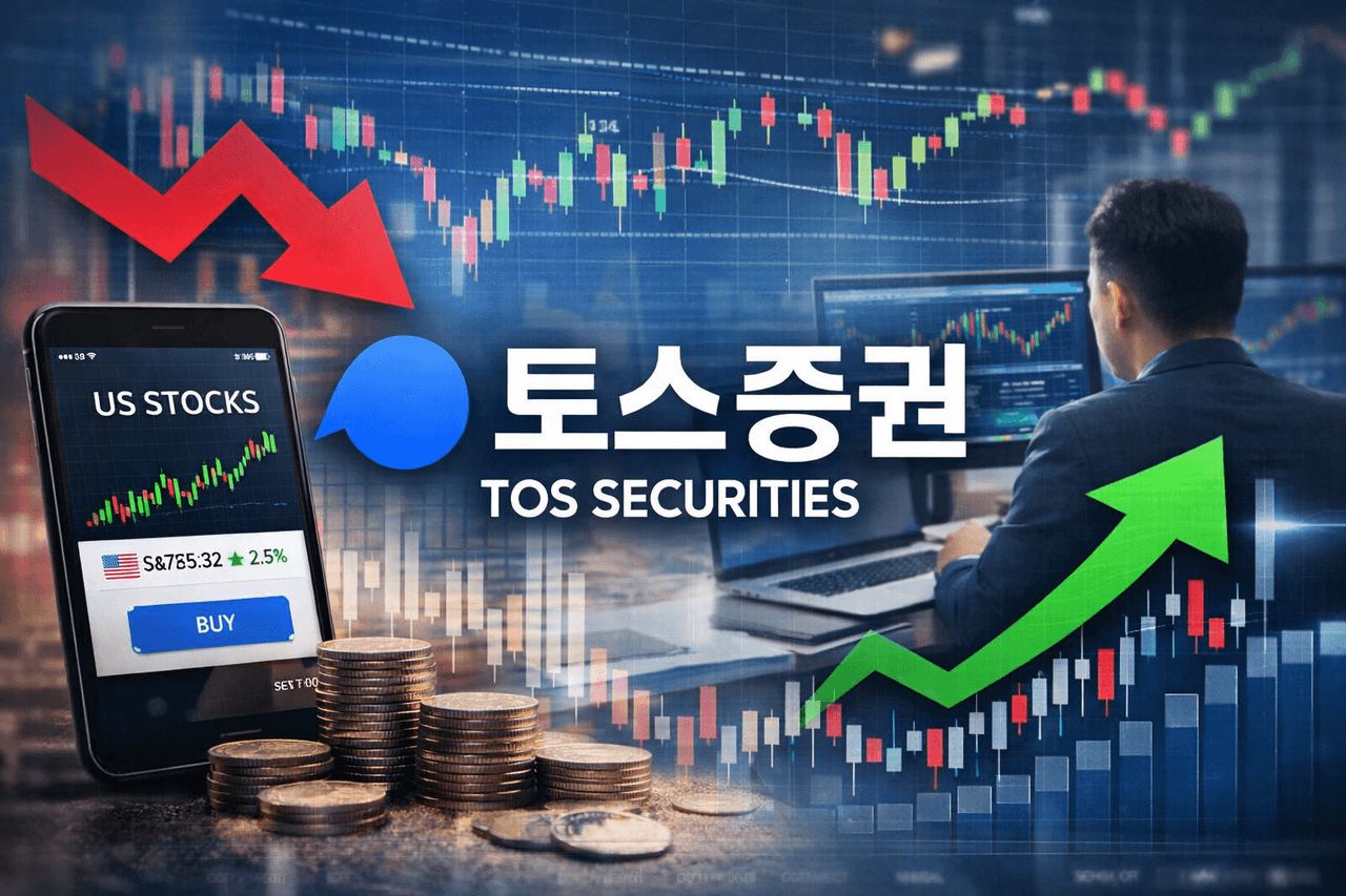 미국 주식 시장을 분석하는 투자자가 있는 이미지, 토스증권 로고와 상승 및 하락하는 주식 차트가 포함되어 있습니다. 스마트폰 화면에 주식 가격과 상승률이 표시되어 있습니다.