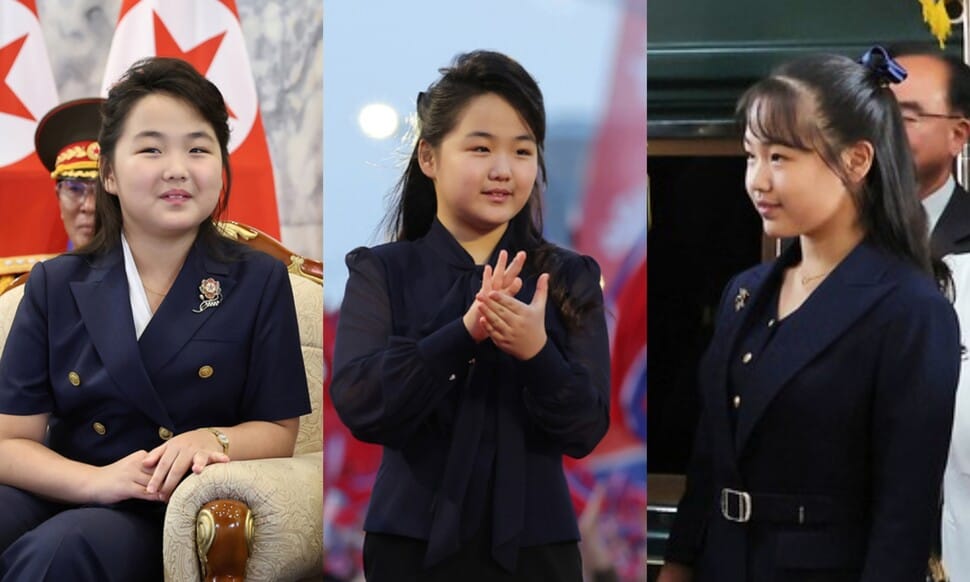 북한의 정치 행사에서 다양한 의상을 입고 있는 소녀의 사진. 첫 번째 이미지는 의자에 앉아 있는 모습, 두 번째 이미지는 손을 모아 박수를 치는 모습, 세 번째 이미지는 차에서 내리는 모습으로 다양한 표정과 자세를 보여줌.