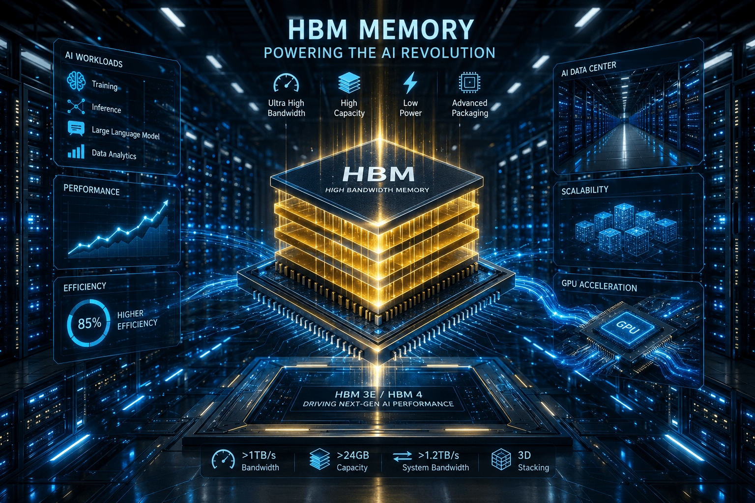 HBM 메모리 이미지로, AI 혁신을 지원하는 고대역폭 메모리 기술을 보여줍니다. 초고속 대역폭, 높은 용량, 저전력 소비 및 고급 패키징 특징이 강조되어 있으며, AI 데이터 센터와 GPU 가속을 위한 성능 및 효율성을 나타냅니다.
