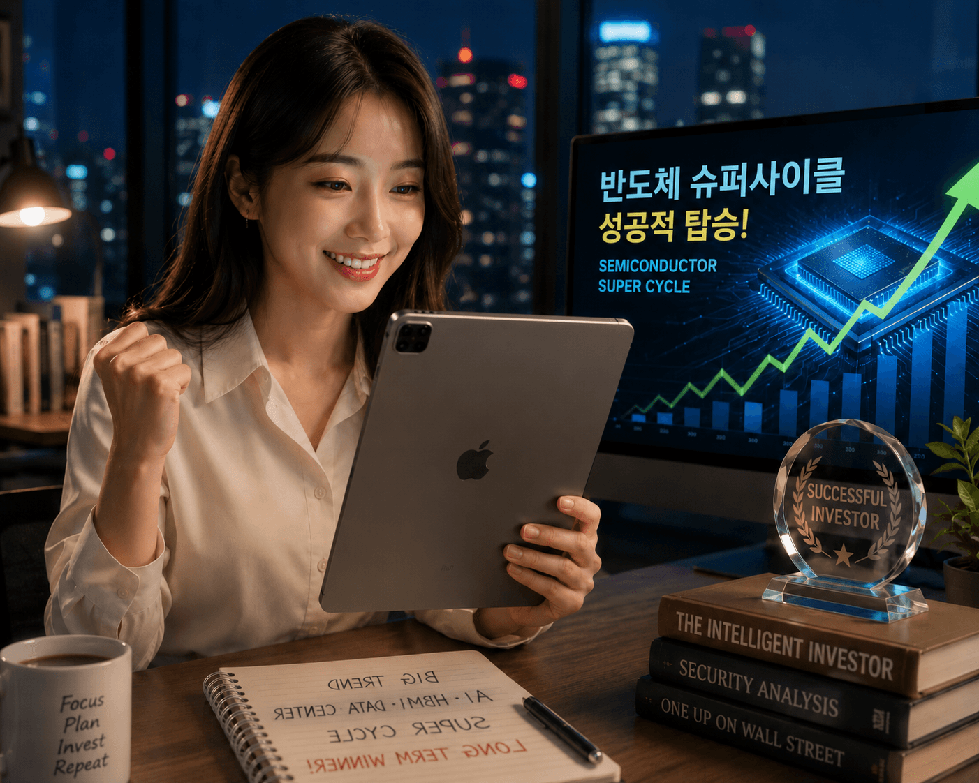 밤에 사무실에서 아이패드를 들고 기뻐하는 젊은 여성, 배경에는 반도체 슈퍼 사이클과 관련된 데이터가 표시된 모니터와 여러 투자 서적이 있는 책상이 보임.