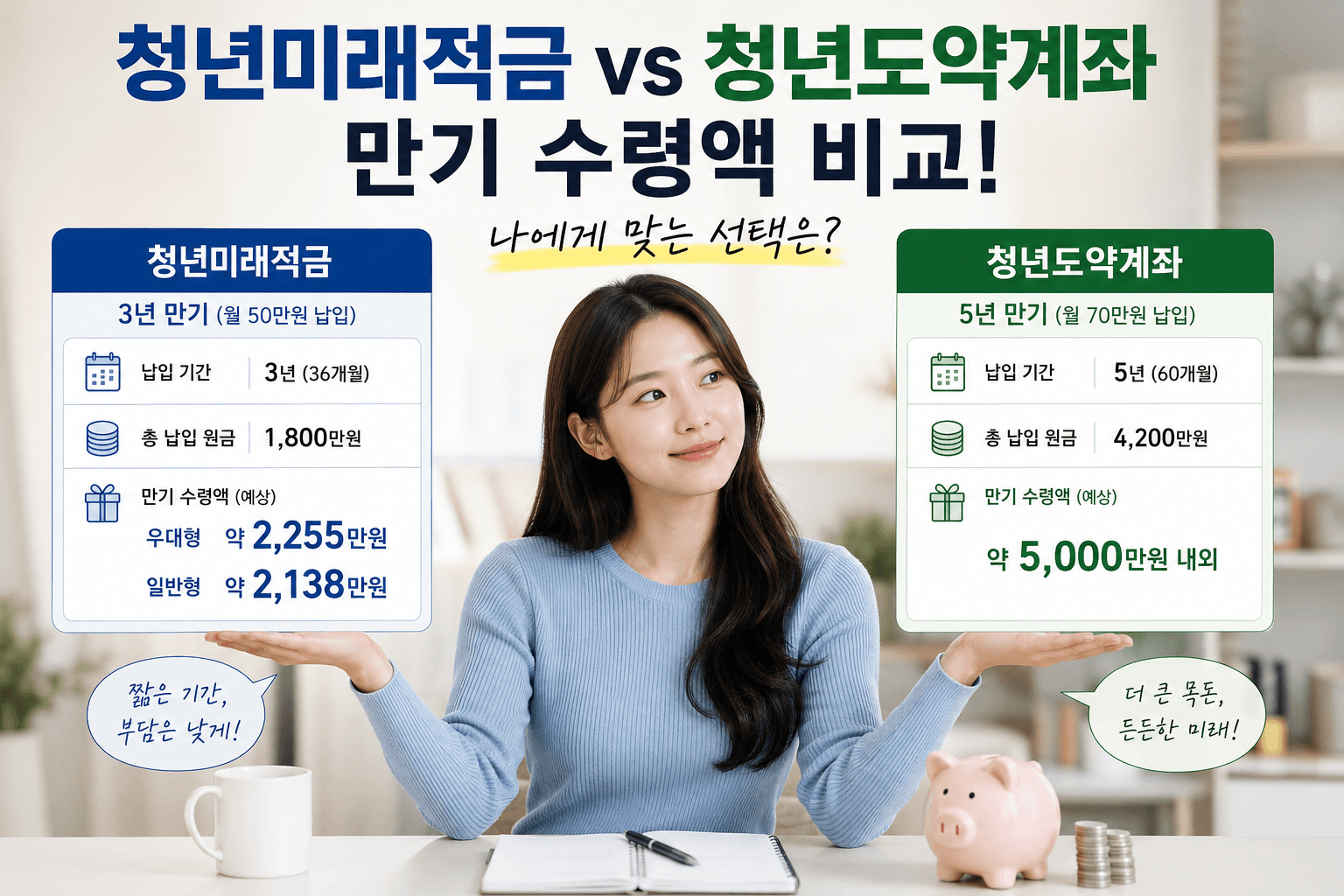 청년미래적금과 청년도약계좌의 만기 수령액 비교 이미지. 청년미래적금은 3년 만기, 월 50만원 납입 시 약 2,255만원 예상, 청년도약계좌는 5년 만기, 월 70만원 납입 시 약 5,000만원 예상. 금융 상품 선택 시 유용한 정보 제공.
