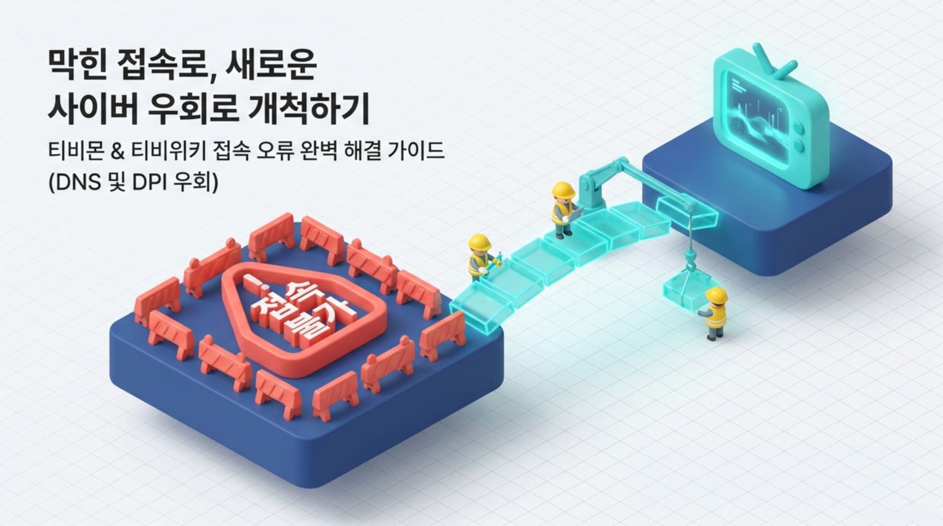 사이버 보안 개선을 위한 가이드 이미지, 티비몬과 티비위키 접속 오류 해결 방법을 설명하며, DNS 및 DPI 우회에 대한 정보 제공.