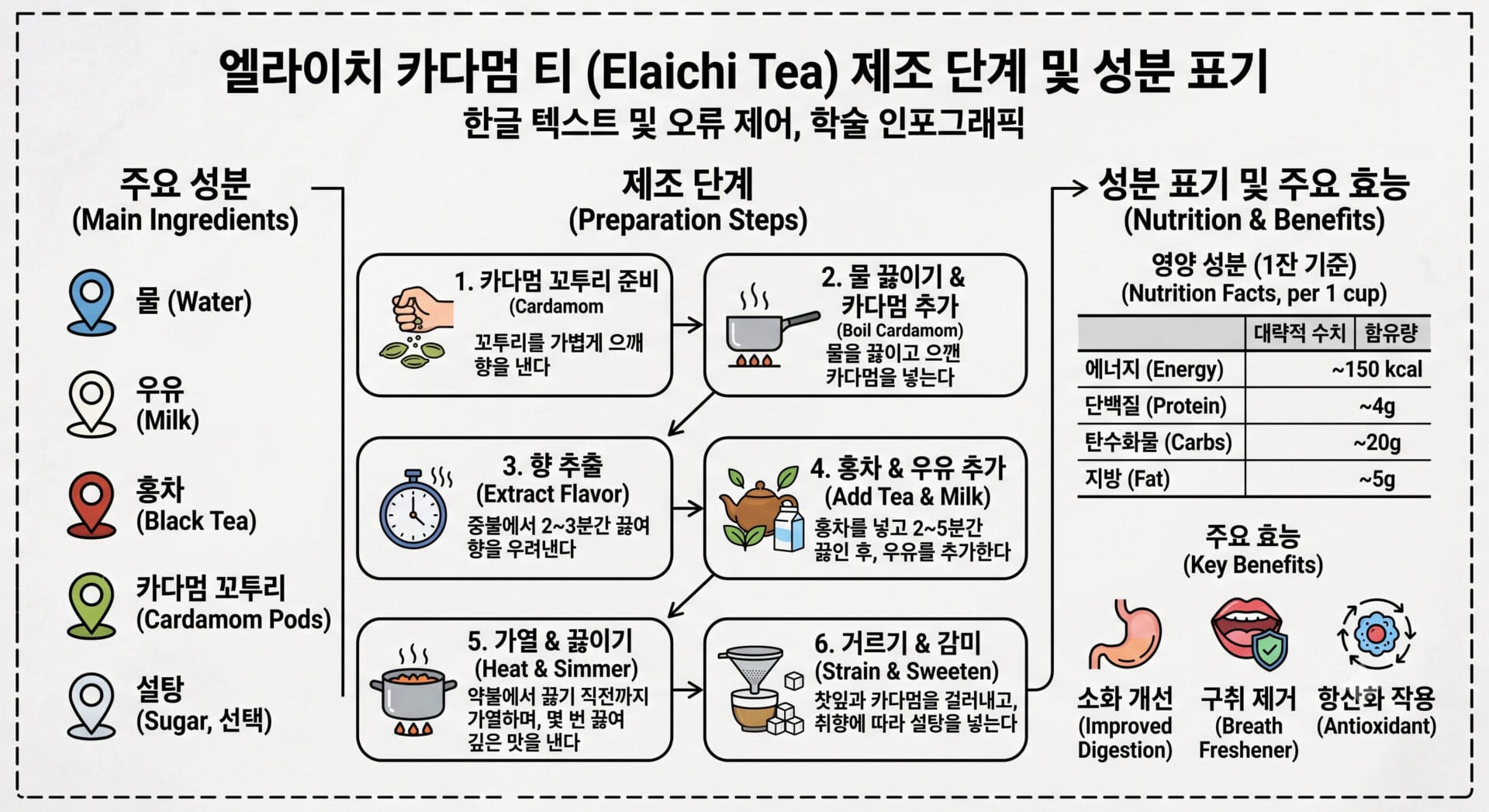엘라이치 카다멈 티 제조 단계 및 성분 표, 주요 성분으로는 물, 우유, 홍차, 카다멈, 설탕이 포함되며, 영양 정보와 주요 효능으로 소화 개선, 구취 제거, 항산화 작용이 설명된 인포그래픽.