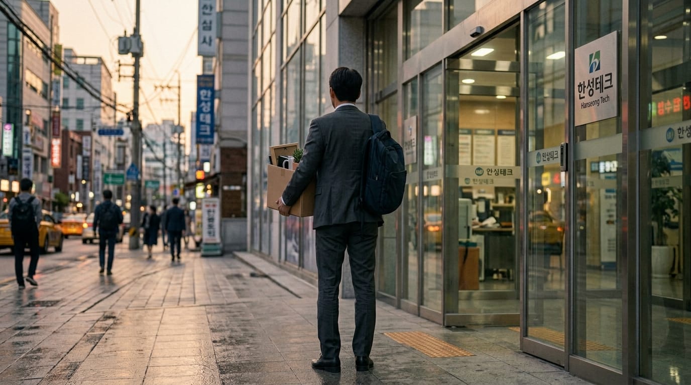 퇴근 후 사무용품을 담은 박스를 들고 있는 정장 차림의 남성이 한성테크 건물 앞에 서 있는 모습. 배경에는 도시 거리와 보행자들이 보인다.