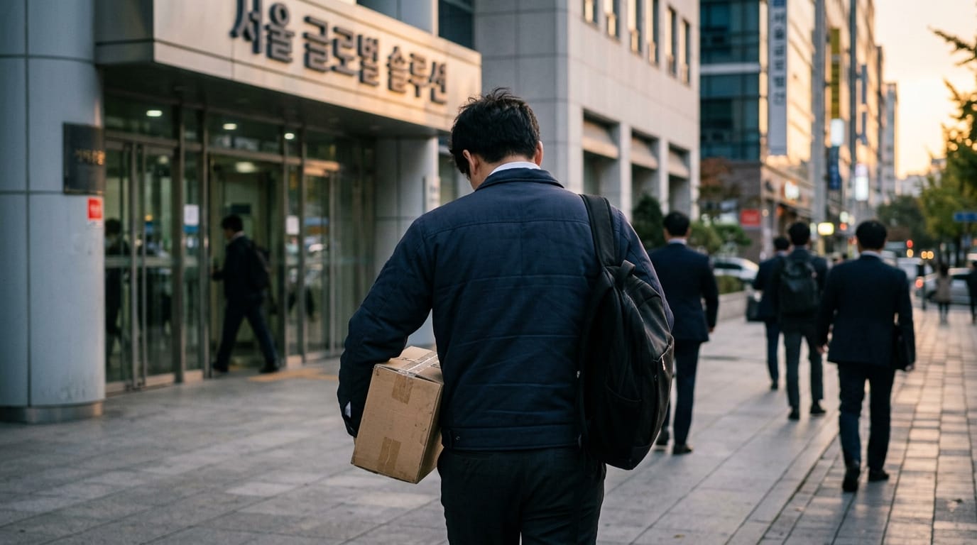 서울의 거리에서 상자를 들고 있는 남성이 회사로 향하고 있는 모습. 배경에는 여러 명의 직장인들이 걷고 있으며, 도시의 현대적인 건물들이 보인다.