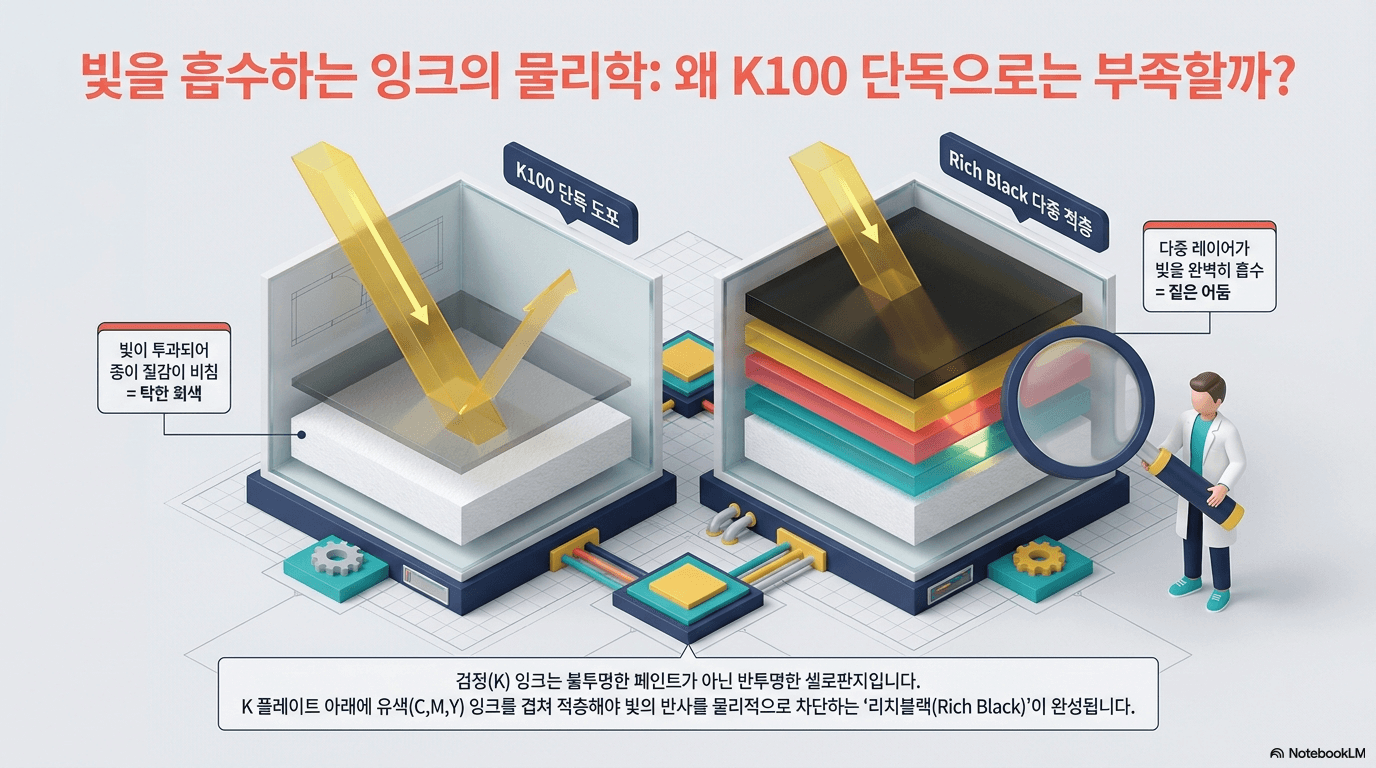K100 단독과 리치 블랙의 물리학을 설명하는 이미지로, 빛의 흡수 원리를 시각적으로 나타냄. K100 단독이 아닌 리치 블랙의 다층 구조가 빛을 효과적으로 흡수하는 과정을 보여줌.