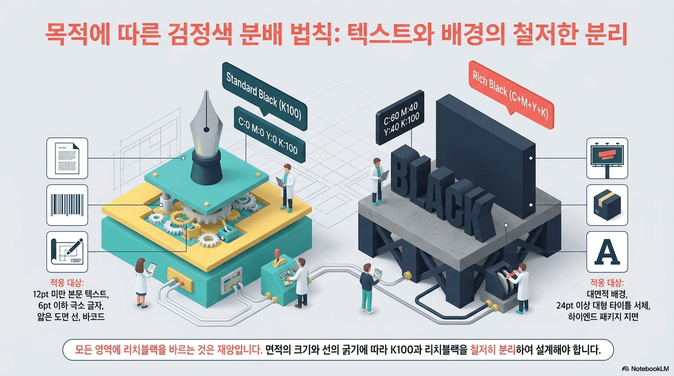 목적에 따른 검정색 분배 법칙을 설명하는 이미지로, 텍스트와 배경의 철저한 분리를 강조합니다. K100과 리치 블랙의 차이를 보여주는 그래픽 요소와 적합한 사용 사례를 포함하고 있습니다.