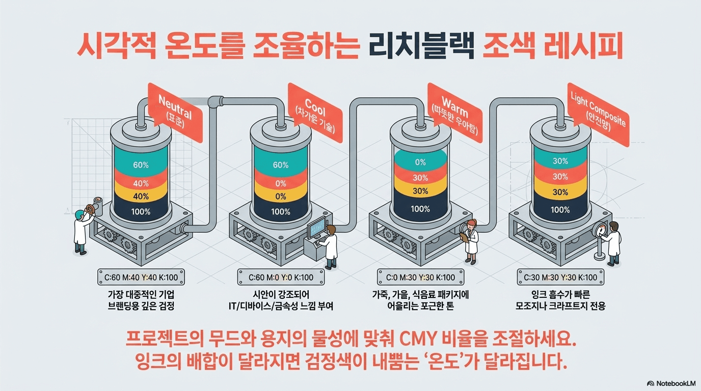 리치블랙 조색 레시피를 설명하는 이미지로, 중립적, 차가운, 따뜻한 색상 비율을 보여줍니다. 각 조색 레시피에 따른 CMY 비율을 통해 다양한 색상을 조절하는 방법을 안내합니다. 프로젝션의 물성과 용지에 맞춰 조정할 수 있는 색상 조합을 강조합니다.