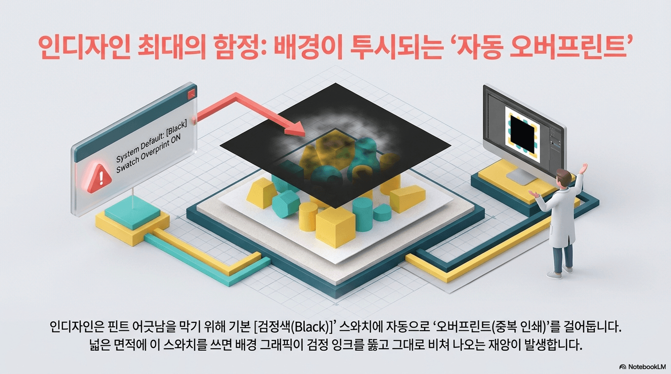 인디자인에서 자동 오버프린트 기능을 설명하는 이미지로, 배경이 검정색으로 투시되는 효과와 관련된 경고 메시지가 포함되어 있습니다. 디자인 작업 중 색상 관리와 관련된 주의사항을 강조합니다.