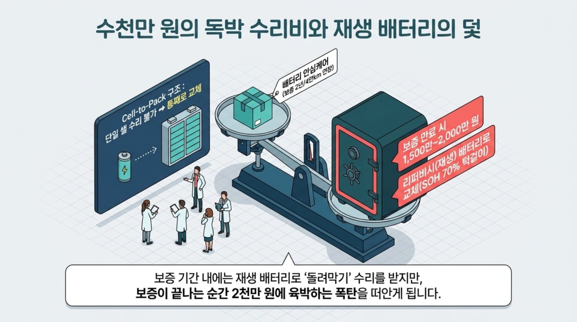 수천만원의 독박 수리비와 재생 배터리에 대한 설명이 포함된 이미지로, Cell-to-Pack 구조와 배터리 보증 기간 내 재생 배터리의 비용을 강조합니다. 보증 만료 시 1,500만원에서 2,000만원의 수리비가 발생하며, 리퍼비시 배터리의 조건도 설명되어 있습니다.