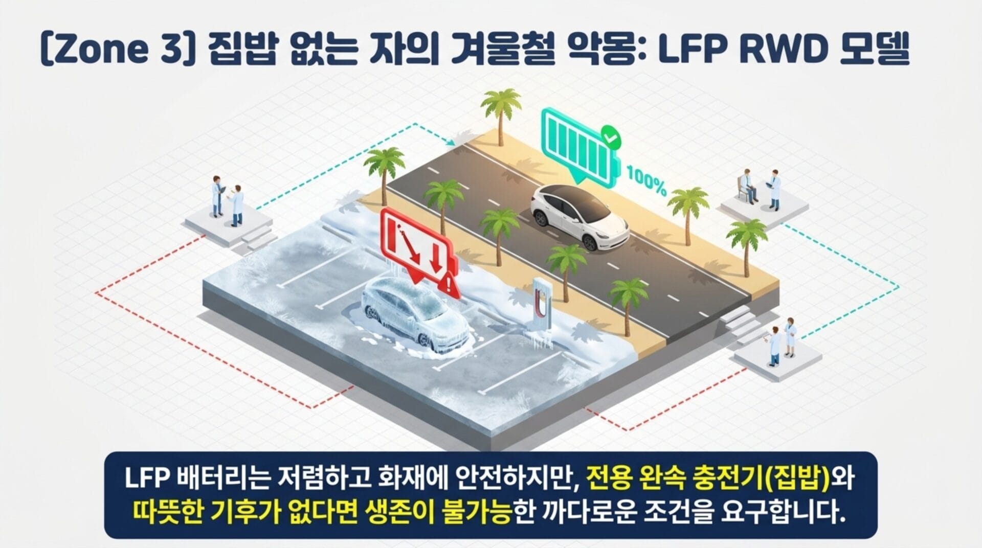 LFP 배터리의 겨울철 성능과 충전 조건을 설명하는 인포그래픽으로, 따뜻한 기후에서의 효율성과 저온에서의 생존 문제를 다룹니다.