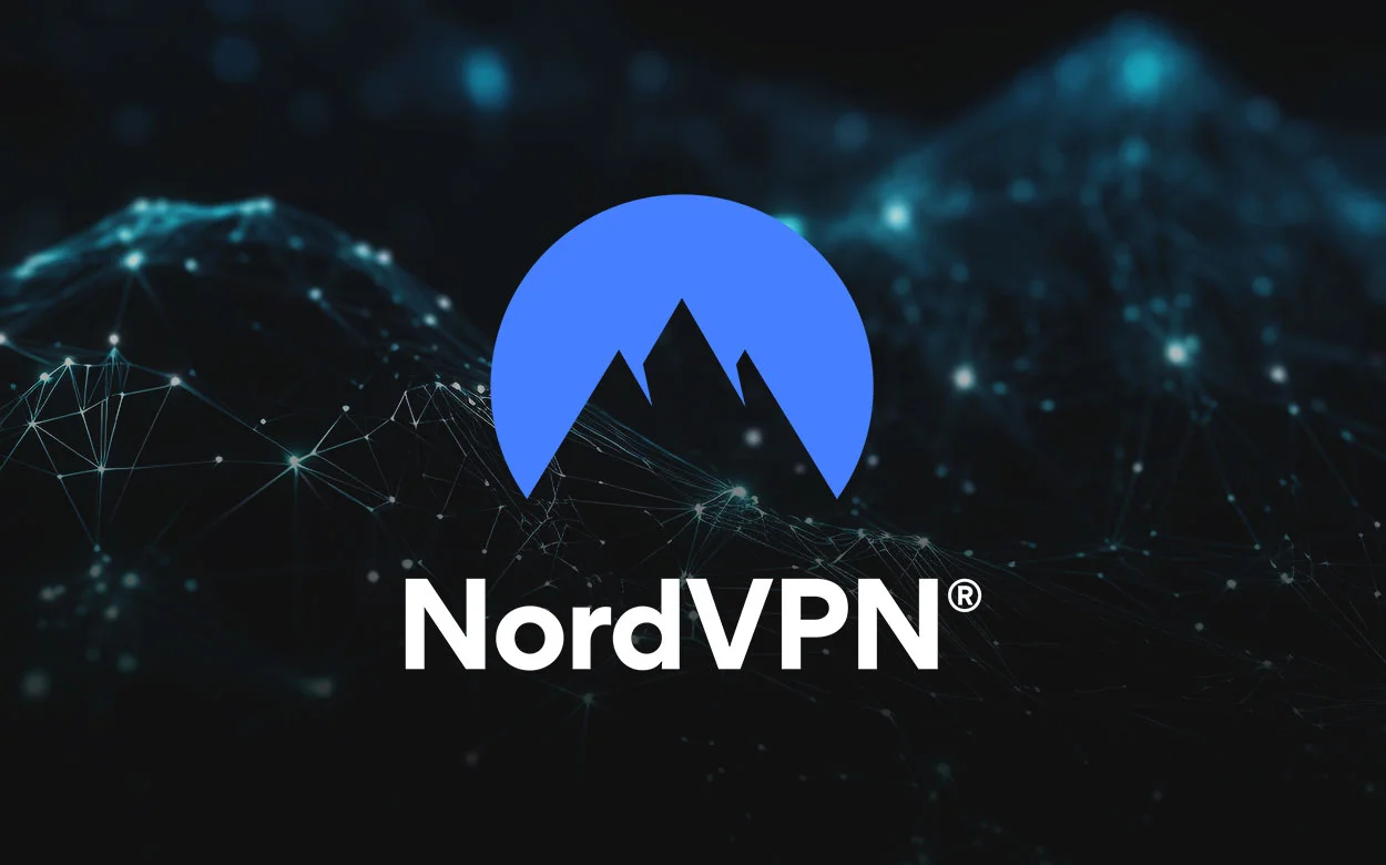 NordVPN 로고와 데이터 네트워크 배경 이미지, 온라인 보안 및 개인 정보 보호를 위한 VPN 서비스 강조.