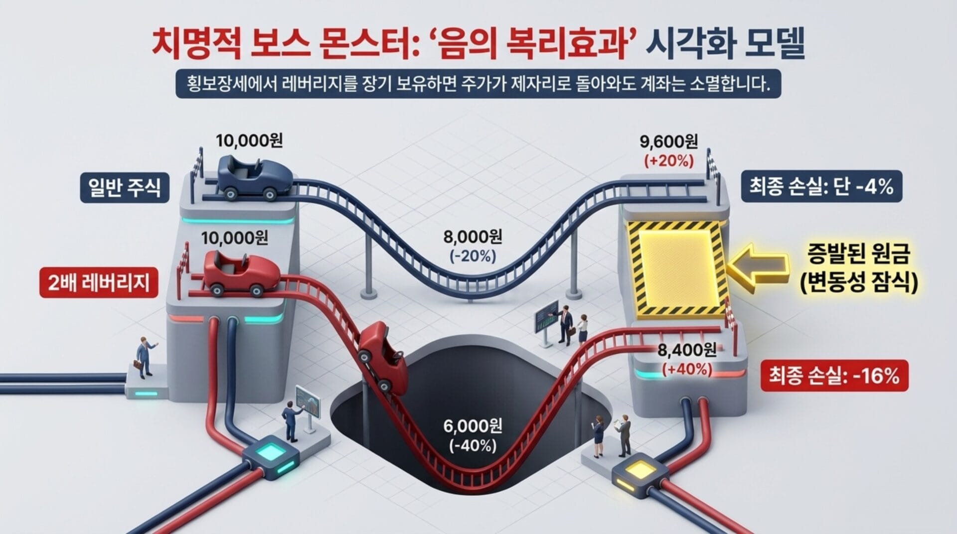 음의 복리효과를 설명하는 시각화 모델로, 일반 주식과 2배 레버리지의 수익 및 손실을 비교하는 그래픽. 각 레버리지의 투자 금액과 최종 손실 비율을 나타내며, 투자자의 의사결정에 도움을 주는 정보 제공.