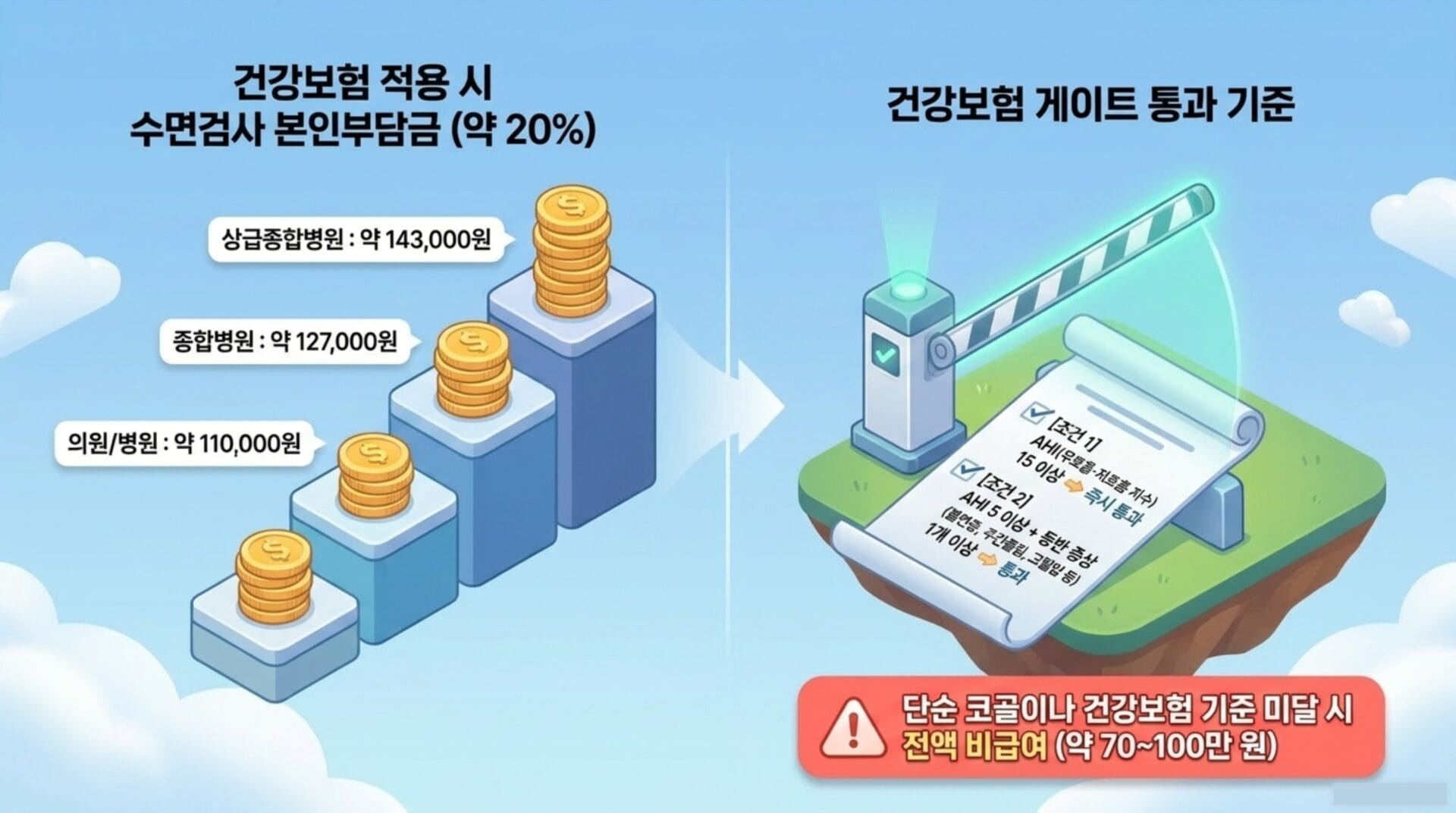 건강보험 적용 시 수면검사 본인부담금 안내 이미지, 상급종합병원 약 143,000원, 종합병원 약 127,000원, 의원/병원 약 110,000원 표시. 건강보험 게이트 통과 기준 및 경고 메시지 포함.