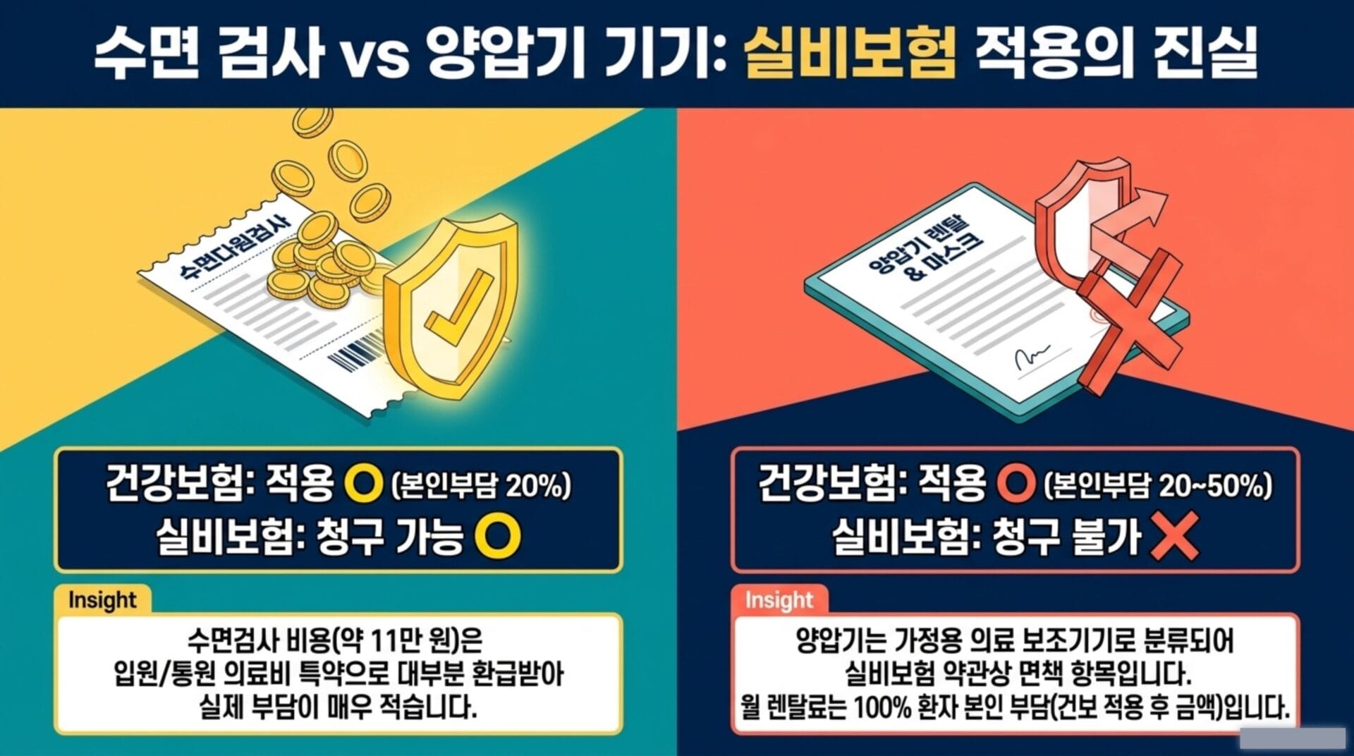 수면 검사와 양압기 기기에 대한 건강보험 및 실비보험 적용 정보를 설명하는 이미지. 왼쪽에는 수면 검사에 대한 건강보험 적용 여부와 실비보험 청구 가능성을 나타내고, 오른쪽에는 양압기 기기의 보험 적용 및 실비보험 청구 불가를 설명. 각 항목 아래에 관련 인사이트 제공.