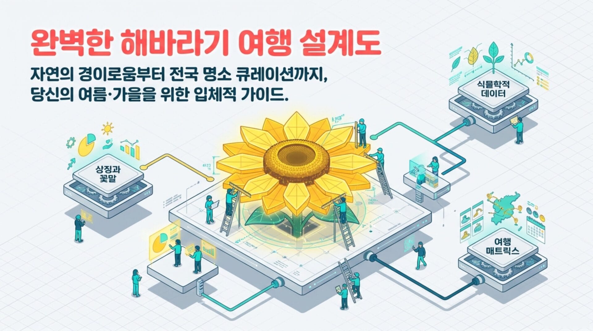 완벽한 해바라기 여행 설계도를 보여주는 이미지로, 자연의 경이로움과 전국 명소를 연결하는 여행 가이드 및 데이터 분석을 강조합니다.