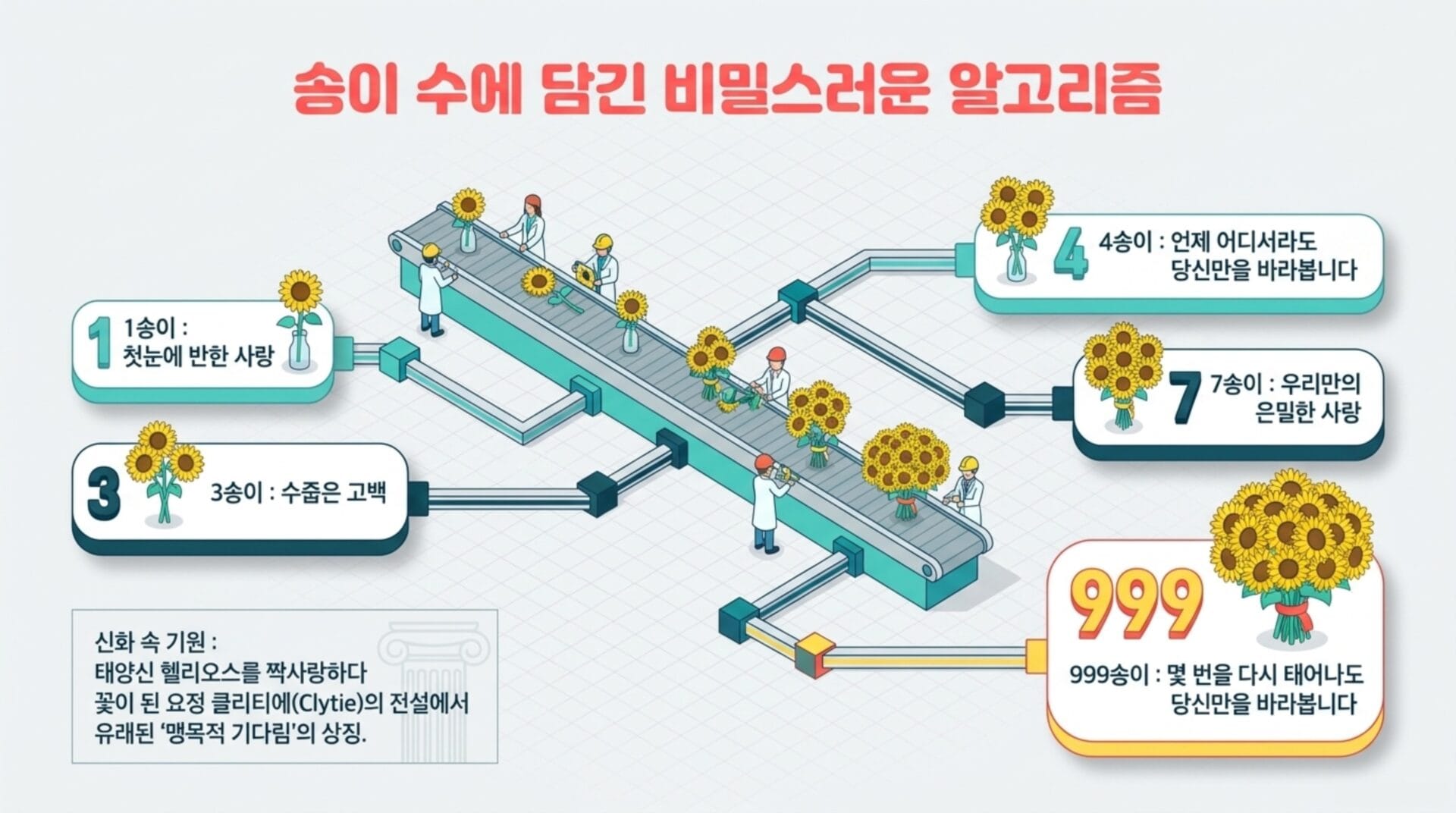 송이 수에 따른 비밀스러운 알고리즘을 설명하는 인포그래픽. 각 단계에서 해바라기 꽃과 함께 사람들의 다양한 감정과 메시지를 나타내며, 1부터 999까지의 단계로 구성되어 있다.