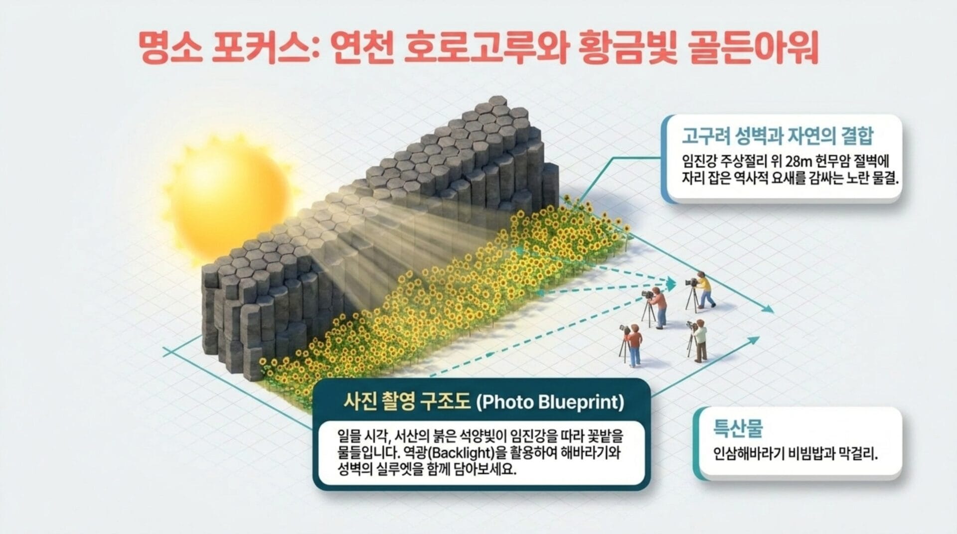 연천 호로고루와 황금빛 골든아워를 주제로 한 이미지, 햇빛 아래의 구조물과 해바라기 꽃밭, 사진 촬영 구조도와 관련된 설명이 포함되어 있습니다. 다양한 각도에서 촬영하는 사람들의 모습이 나타나며, 자연의 빛을 활용한 촬영 기법을 강조합니다.