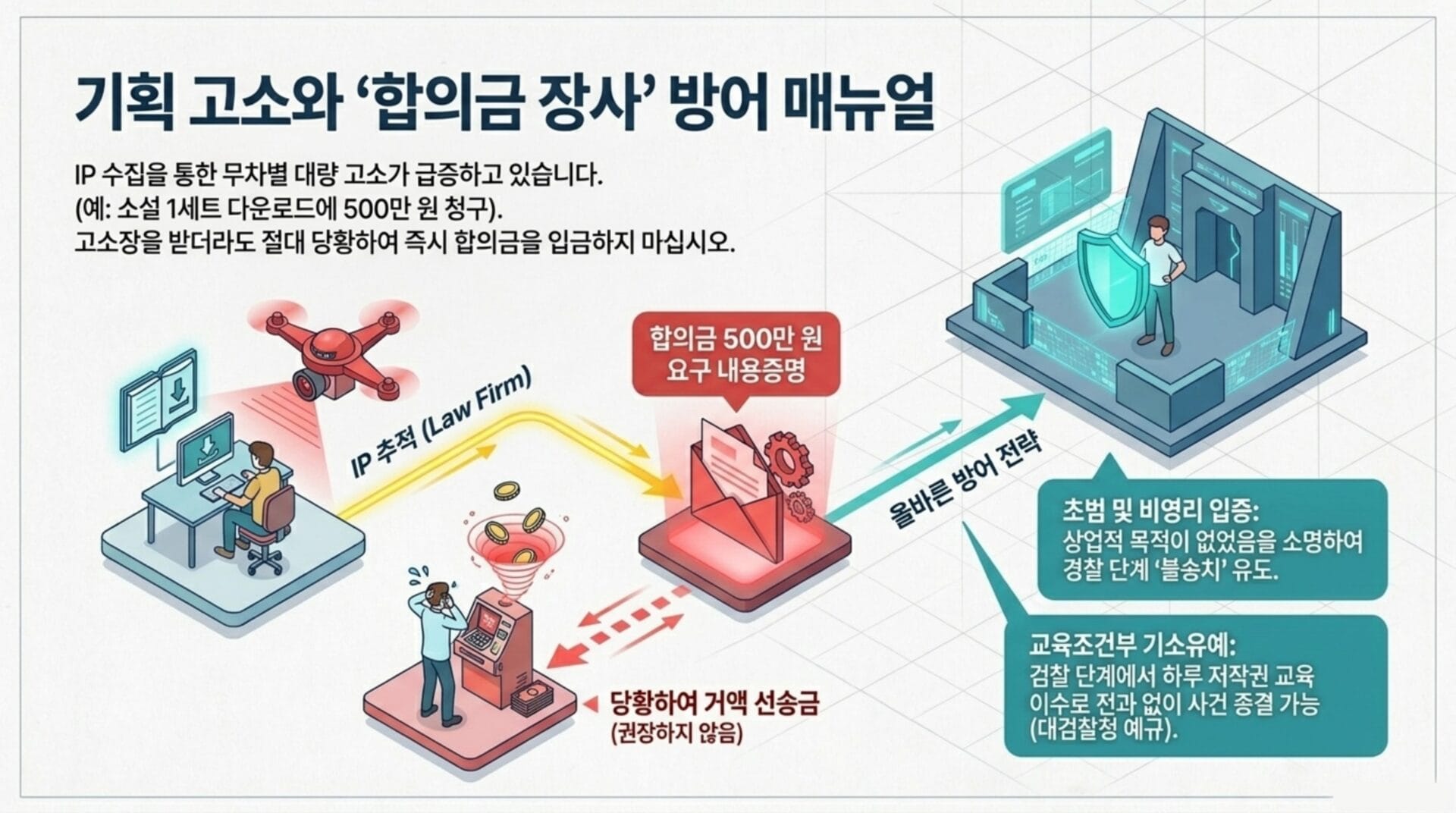 기획 고소 및 합의금 장사 방어 매뉴얼을 설명하는 인포그래픽. IP 수집을 통한 고소의 위험과 합의금 요구 사항, 법적 절차 및 방어 전략을 시각적으로 나타내고 있음.
