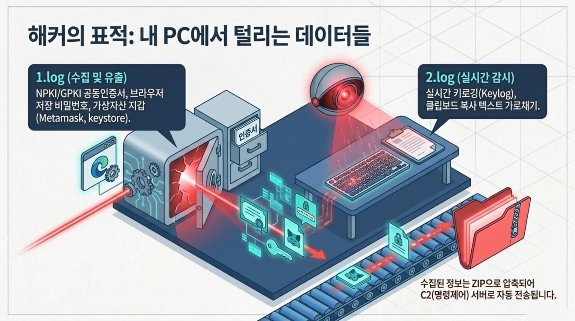 해커의 공격을 설명하는 이미지로, PC에서 탈취되는 데이터의 종류를 시각적으로 나타내고 있습니다. 1.log(수집 및 유출)과 2.log(실시간 감시) 항목이 포함되어 있으며, 키로깅과 클립보드 복사 기술을 사용하여 정보가 탈취되는 과정을 보여줍니다.