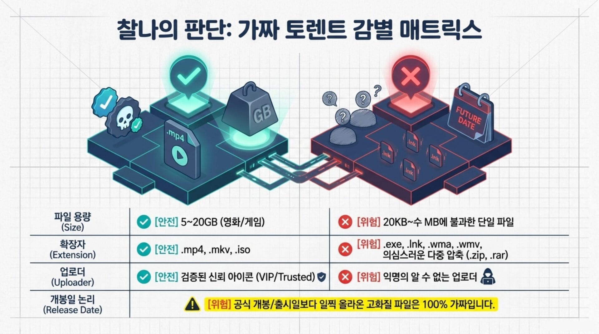 가짜 토렌트 감별 매트릭스 이미지, 파일 용량, 확장자, 업로더, 개봉일 논리 등을 통해 안전한 파일과 위험한 파일을 구분하는 방법을 설명. 안전한 파일은 5~20GB의 영화 및 게임 형식(.mp4, .mkv, .iso)이며, 신뢰할 수 있는 업로더가 필요함.