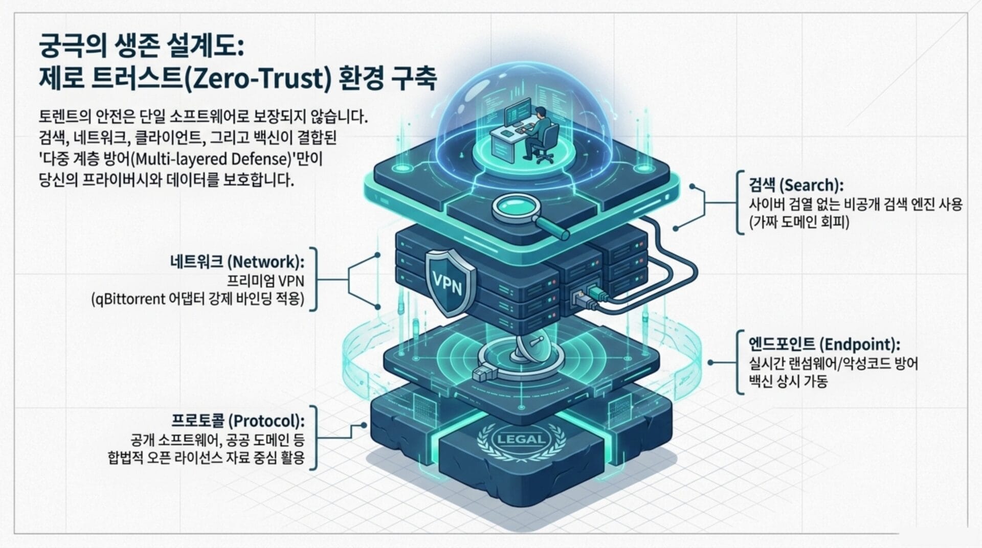 제로 트러스트 환경 구축을 설명하는 인포그래픽, 안전한 소프트웨어 보호, 다중 계층 방어 및 VPN 사용을 강조하며 검색 엔진과 엔드포인트 보안 기능을 포함한 네트워크 구조를 시각적으로 나타냄.