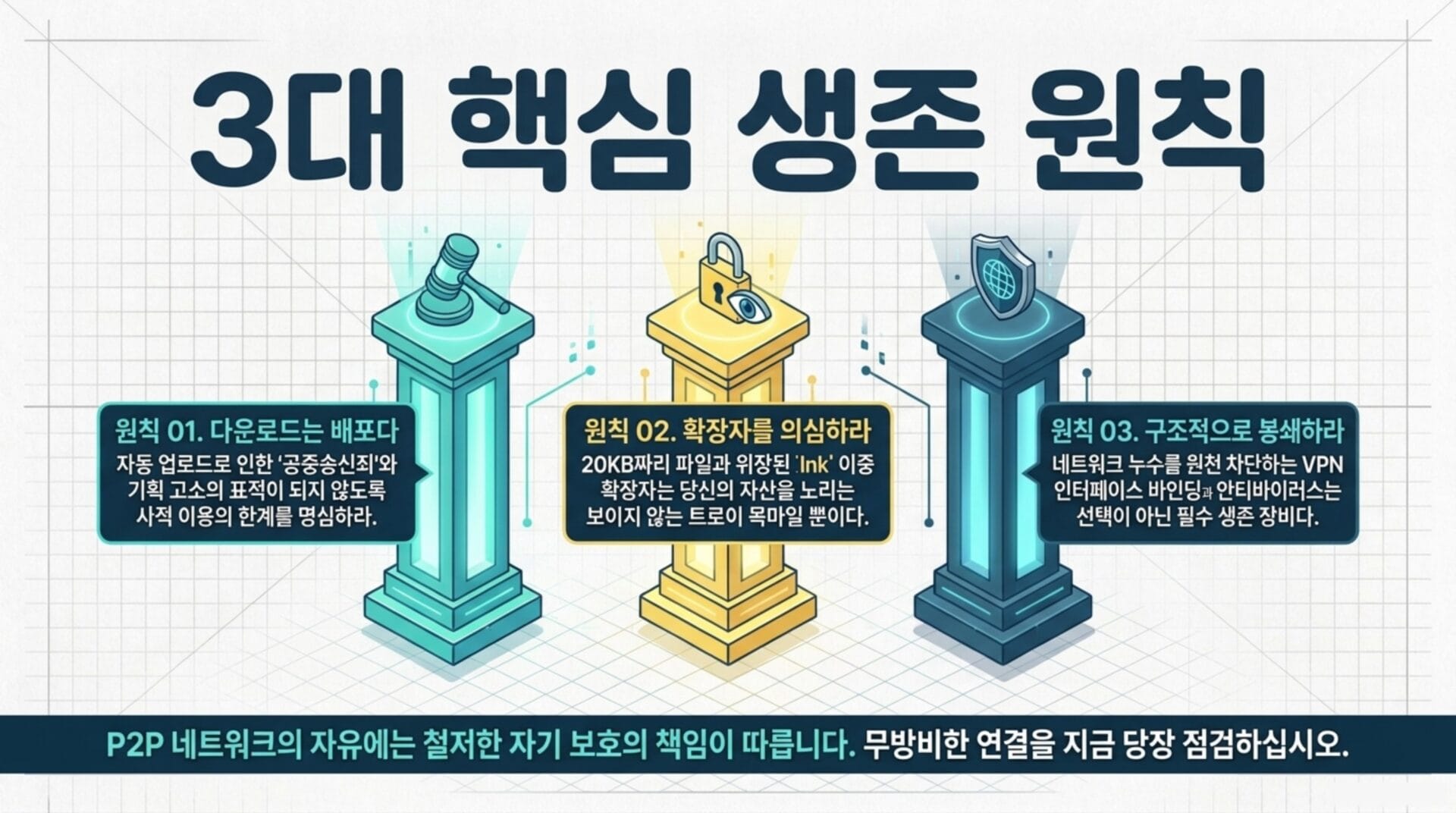 3대 핵심 생존 원칙을 설명하는 이미지로, 다운로드 배포, 확장자 의심, 구조적 봉쇄의 중요성을 강조합니다. P2P 네트워크의 자유와 개인 정보 보호 책임을 강조하며, 안전한 인터넷 사용을 위한 가이드라인을 제공합니다.