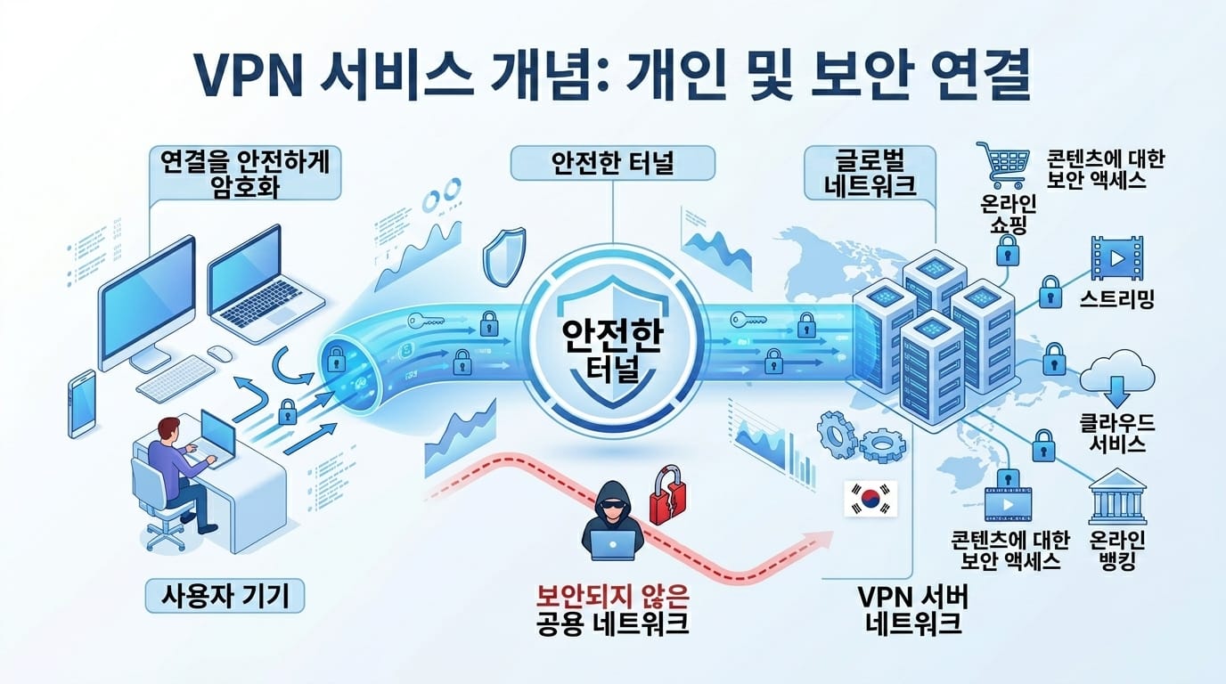 VPN 서비스 개념을 설명하는 이미지로, 안전한 터널을 통해 개인 정보 보호 및 온라인 연결의 암호화를 강조. 사용자 기기와 글로벌 네트워크 간의 안전한 데이터 전송을 보여주며, 온라인 쇼핑, 스트리밍, 클라우드 서비스와 같은 다양한 인터넷 서비스에 대한 접근성을 제공.