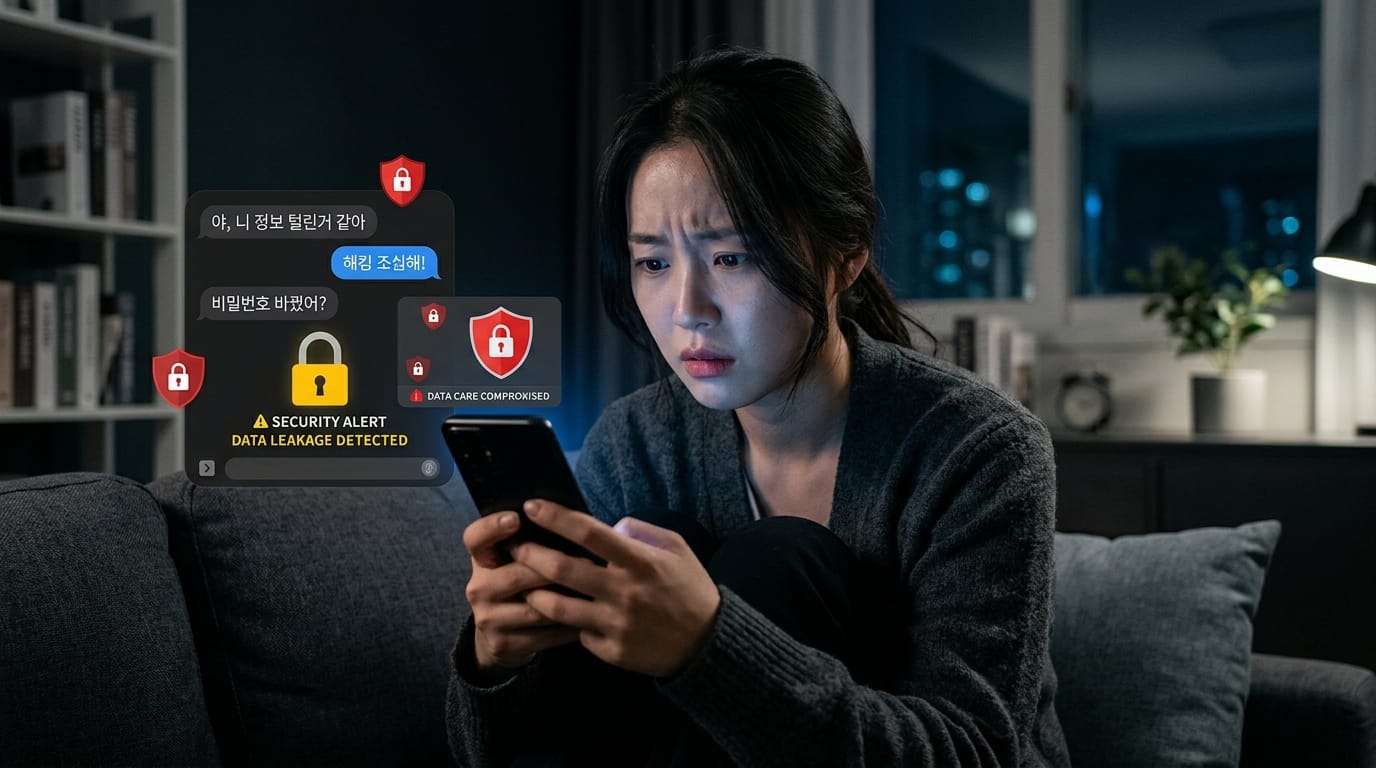 데이터 유출 경고 메시지를 받고 놀란 여성의 모습, 스마트폰을 들고 긴장한 표정으로 대화를 나누고 있는 장면.